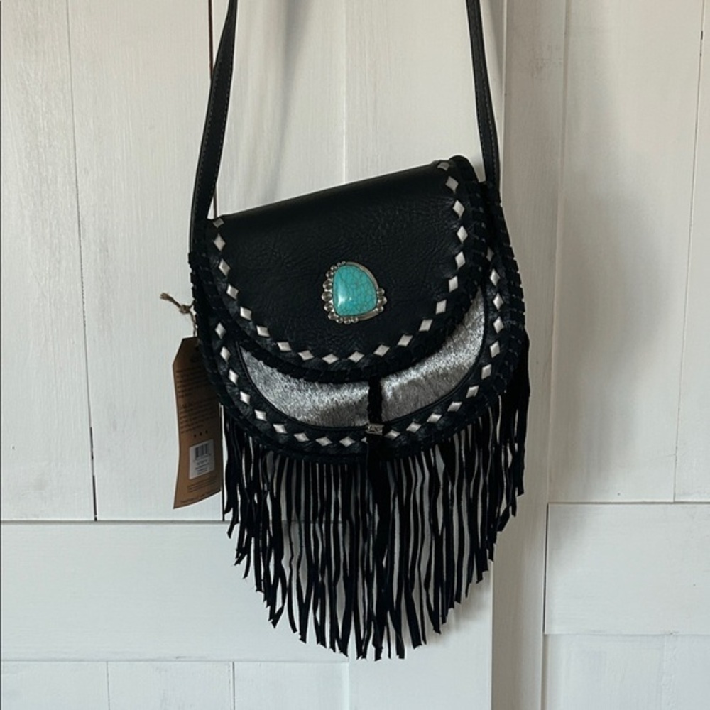 Catchfly Calf hair saddle bag crossbody purse black leather NEW Boot Barn
